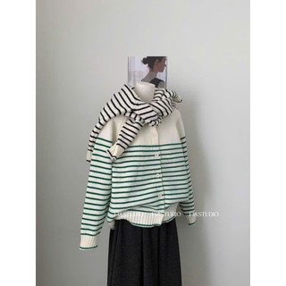 Áo cardigan len nữ cổ tròn kẻ ngang dáng rộng phong cách Hàn Quốc Quảng Châu form đẹp Aolen1312