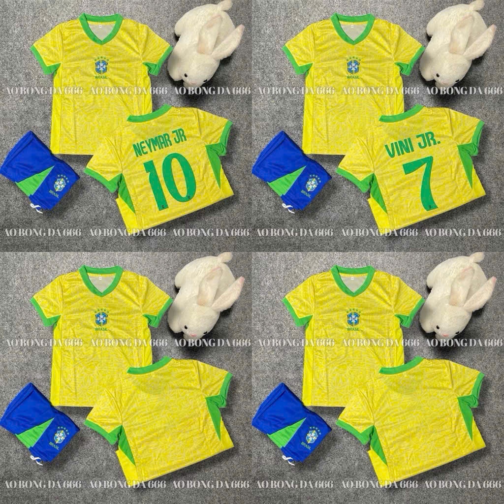 Áo Bóng Đá, Áo Đá Banh Trẻ Em Brazil 2024 - Vải Mè Thái Cao Cấp - In Sẵn Tên cầu thủ.