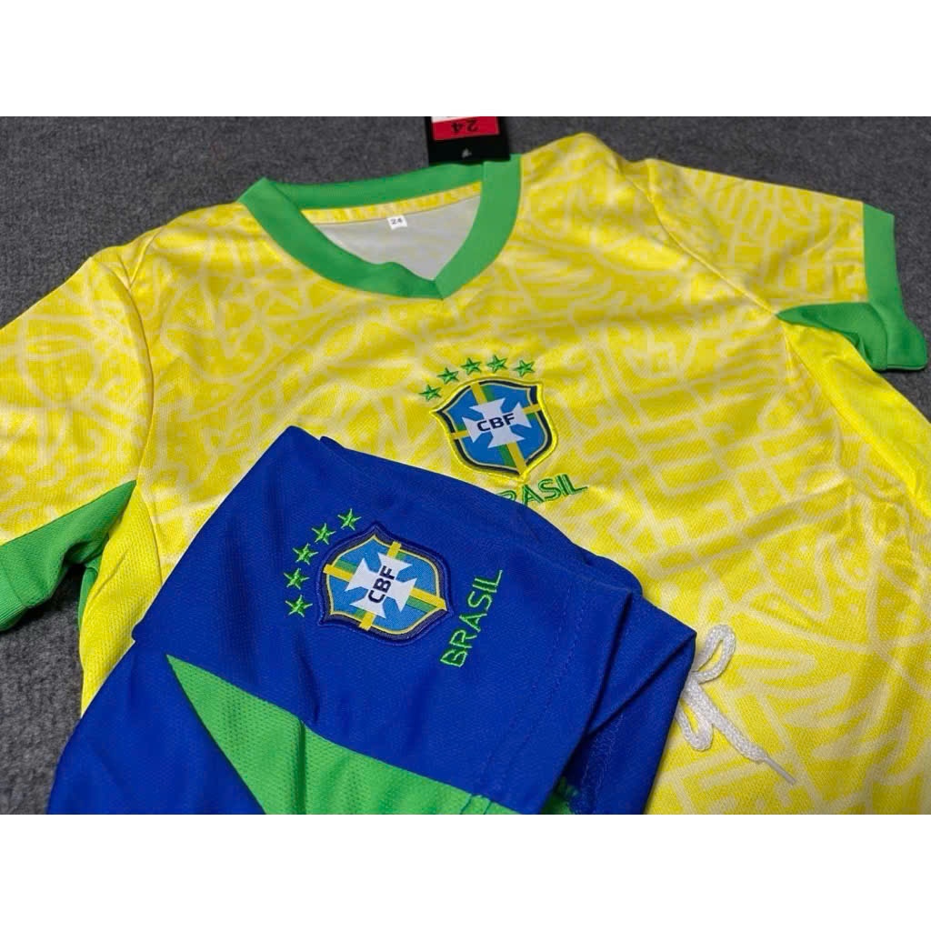 Áo Bóng Đá, Áo Đá Banh Trẻ Em Brazil 2024 - Vải Mè Thái Cao Cấp - In Sẵn Tên cầu thủ.