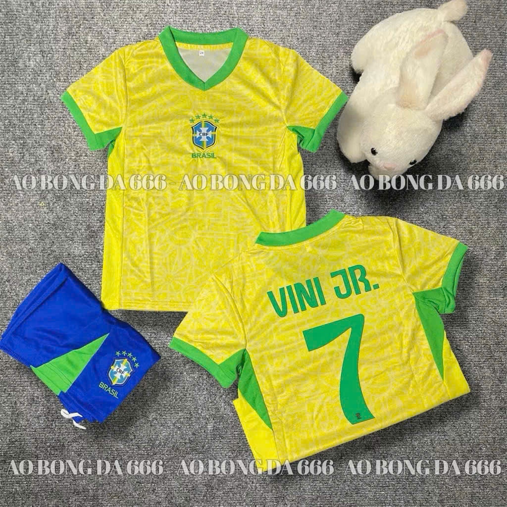 Áo Bóng Đá, Áo Đá Banh Trẻ Em Brazil 2024 - Vải Mè Thái Cao Cấp - In Sẵn Tên cầu thủ.