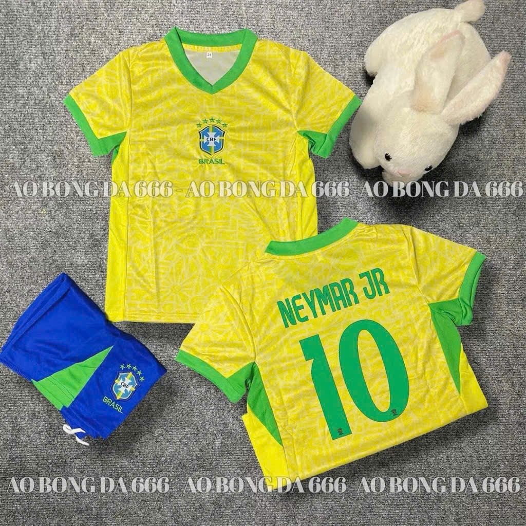 Áo Bóng Đá, Áo Đá Banh Trẻ Em Brazil 2024 - Vải Mè Thái Cao Cấp - In Sẵn Tên cầu thủ.