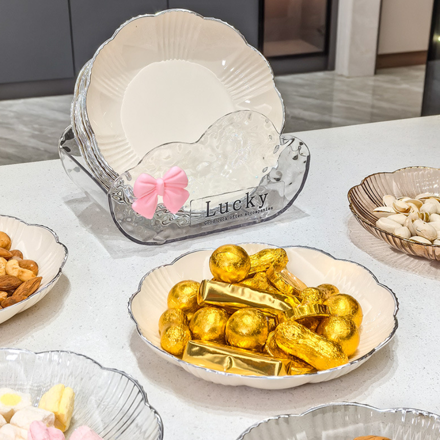 Bộ 4 Đĩa Viền Bạc Hình Hoa Sang Trọng, Đĩa Lòng Sâu Đựng Bánh Kẹo, Hướng Dương Bàn Trang Trí