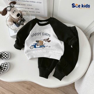Bộ cotton nỉ 2 da phối tay in hoạ tiết bé trai, bộ thu đông dày dặn hàng đẹp cho bé SAD 5020