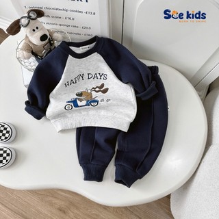 Bộ cotton nỉ 2 da phối tay in hoạ tiết bé trai, bộ thu đông dày dặn hàng đẹp cho bé SAD 5020
