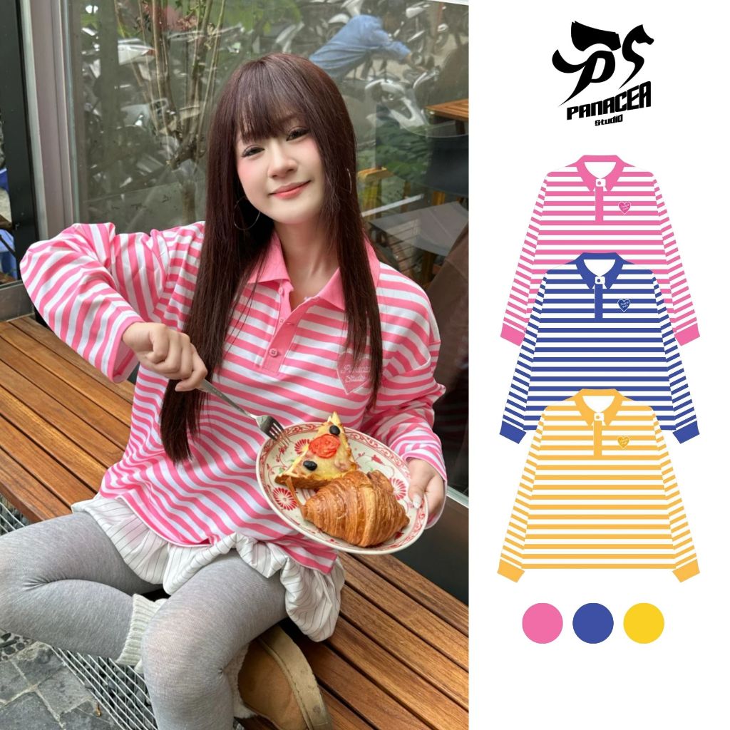 [Logo In] Áo Thun Polo Sọc Ngang Tay Dài Panacea Studio Local Brand Unisex Form Boxy – Striped Long Sleeves