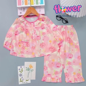 Bộ tole lanh bé gái tay dài quần dài cài nút cuốn biên màu - Đồ bộ tole Flower