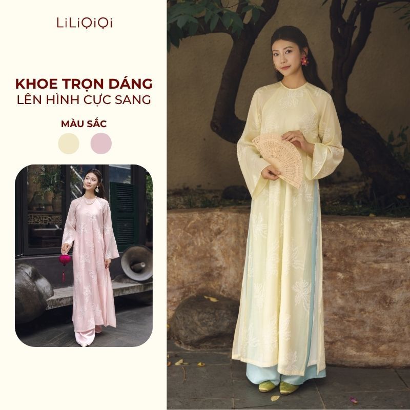 [KOC] Áo dài truyền thống dáng suông cổ tròn tơ thêu hoa vi tính cao cấp Cẩm Hạ - AD11