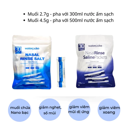 Muối rửa mũi, muối rửa mũi xoang Waterpulse Nasal Rinse Salt làm sạch nghẹt mũi, viêm mũi dị ứng, viêm xoang chính hãng