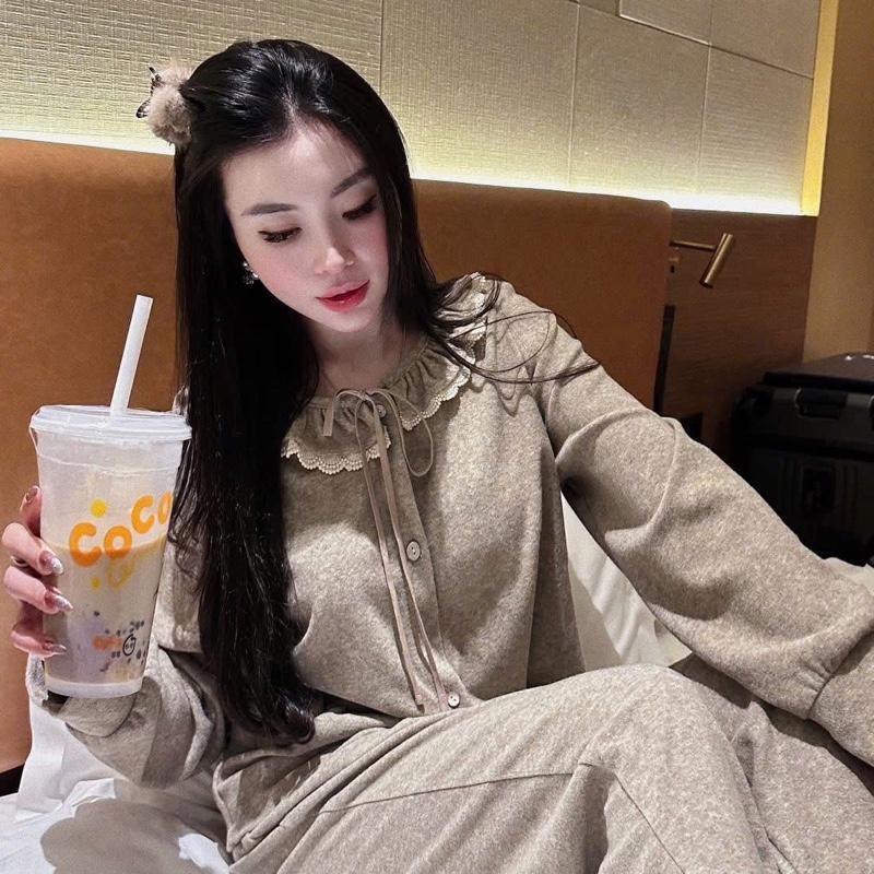 2026. [BỘ PIJAMA BÈO REN THỎ] Sét áo chất lông thỏ phối viền ren + quần suông thỏ.