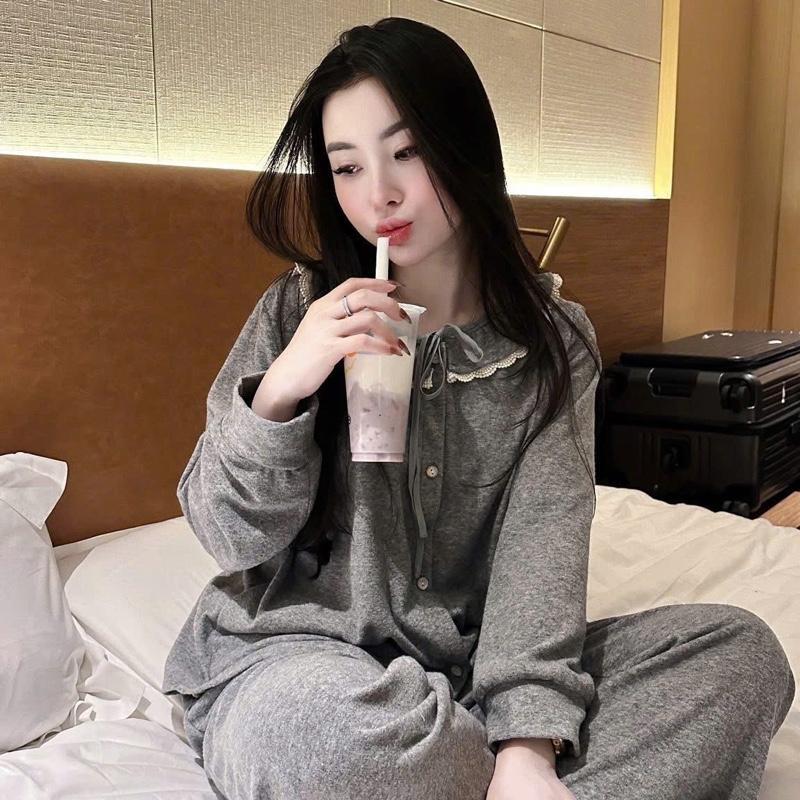 2026. [BỘ PIJAMA BÈO REN THỎ] Sét áo chất lông thỏ phối viền ren + quần suông thỏ.