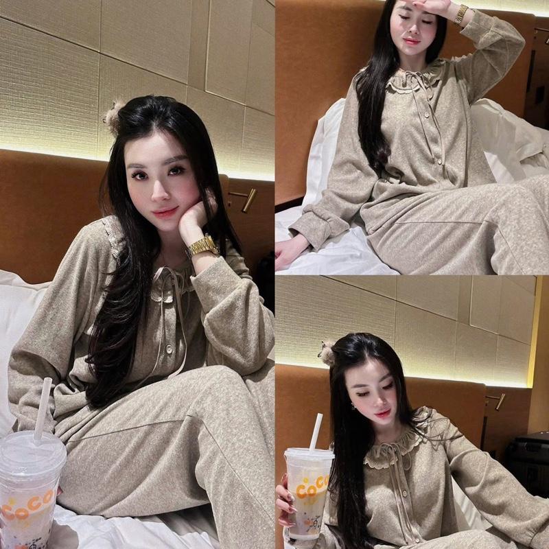 2026. [BỘ PIJAMA BÈO REN THỎ] Sét áo chất lông thỏ phối viền ren + quần suông thỏ.