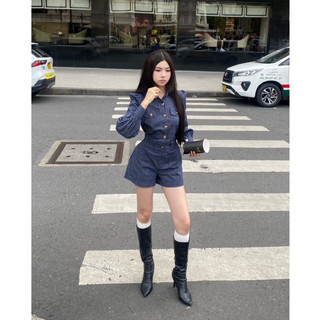 jumpsuit sơ mi kẻ sọc, tay bồng