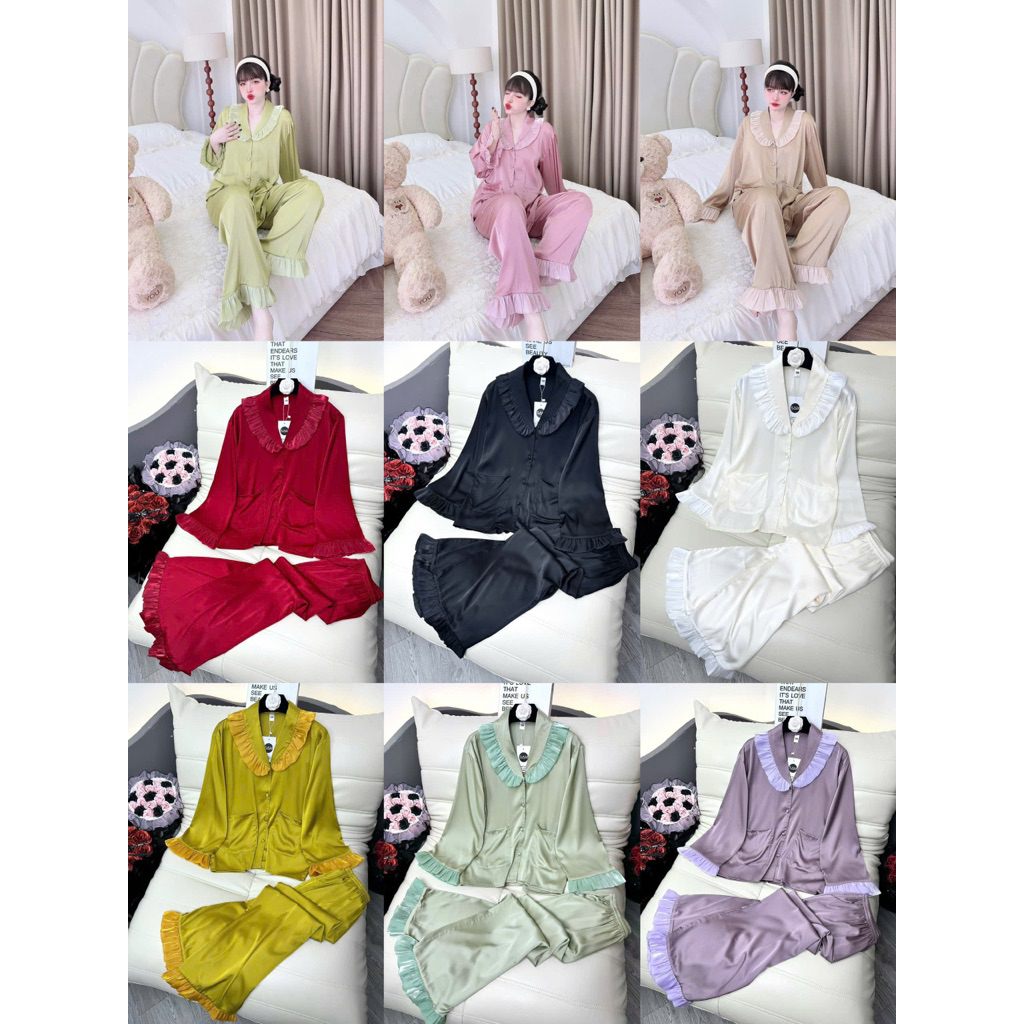 50-65kg Bộ pijama tiểu thư cổ sam phối voan óng lụa latin mềm mát