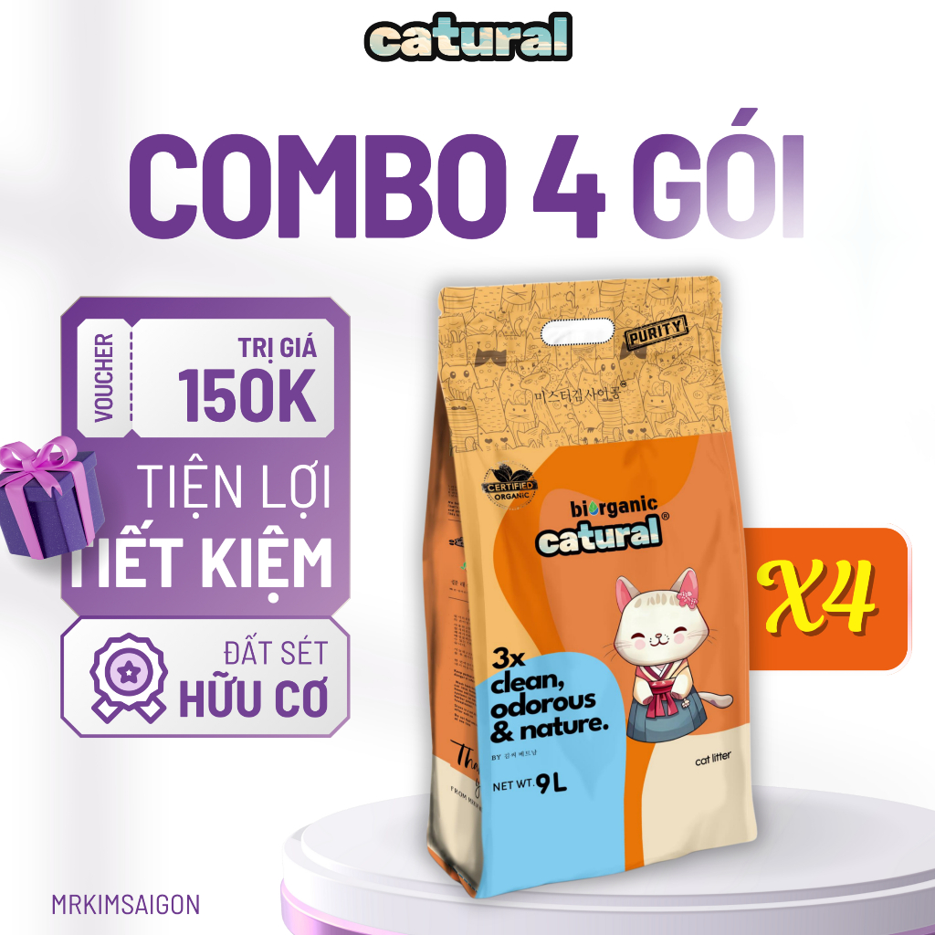 Combo 4 Túi Cát Đất Sét Catural Hương Phấn Baby 9L – Vón Nhanh, Thơm Dịu, Ít Bụi – Gói 4kg