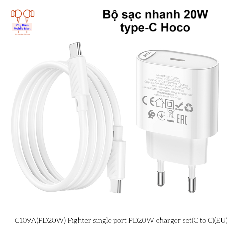 Bộ Sạc Nhanh PD20W Type-C to Type-C HOCO C109A – Sạc Ổn Định, An Toàn, Chân Cắm Tròn