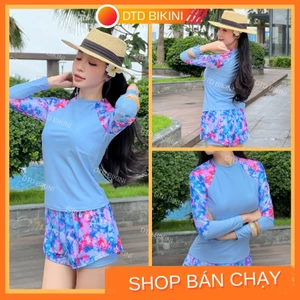 Đồ Bơi Nữ Đi Biển Tay Dài Quần hai lớp DTD BIKINI – Họa Tiết Màu Tươi, Không Lộ, Co Giãn Cao