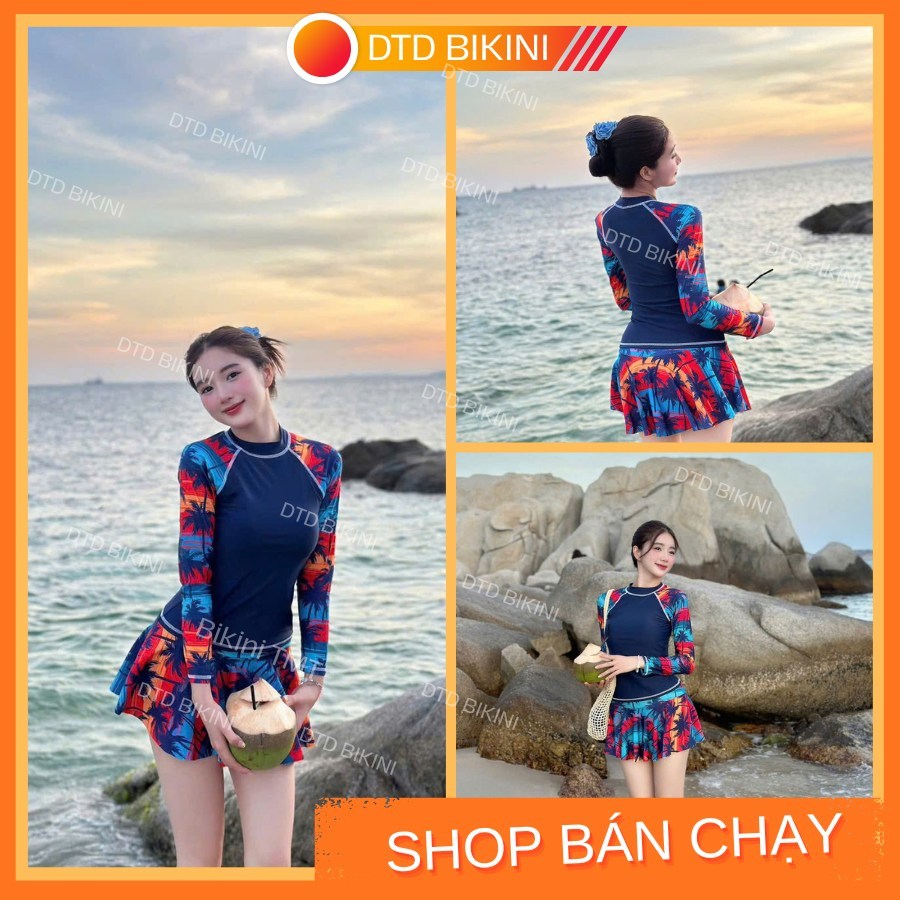 Bộ Đồ Bơi Tay Dài Nữ Kèm Váy DTD BIKINI – Chống Nắng, Co Giãn, Thiết Kế Che Bụng Đẹp