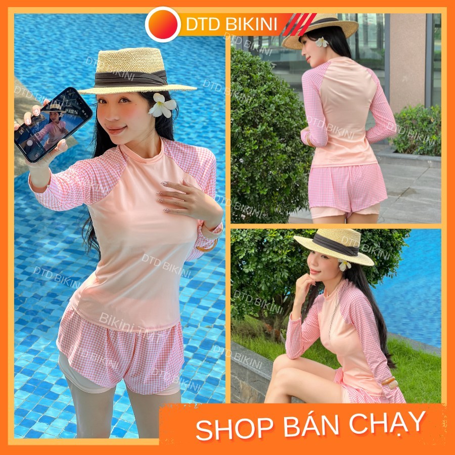 Đồ Bơi Nữ Tay Dài Đi Biển DTD BIKINI – Họa Tiết Màu Tươi Trẻ, Không Lộ, Dễ Mix