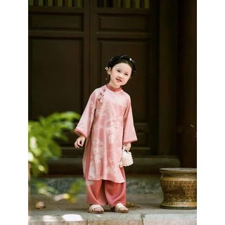Aó dài cho bé gái màu hồng chất gấm lụa loại 1, áo dài tết cho bé gái sz 10-30kg