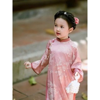 Aó dài cho bé gái màu hồng chất gấm lụa loại 1, áo dài tết cho bé gái sz 10-30kg