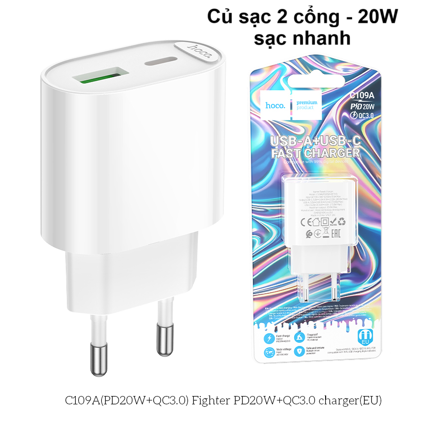 Sạc 2 Cổng – Cốc Sạc Nhanh HOCO C109A PD20W + QC3.0 – Chân Cắm tròn, An Toàn – Ổn Định