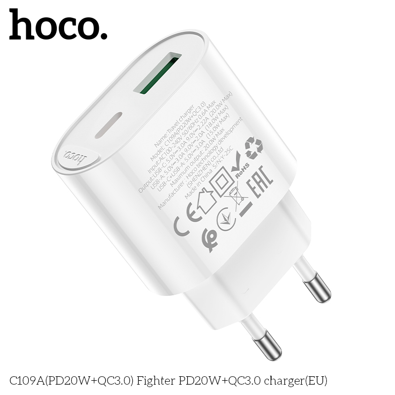 Sạc 2 Cổng – Cốc Sạc Nhanh HOCO C109A PD20W + QC3.0 – Chân Cắm tròn, An Toàn – Ổn Định
