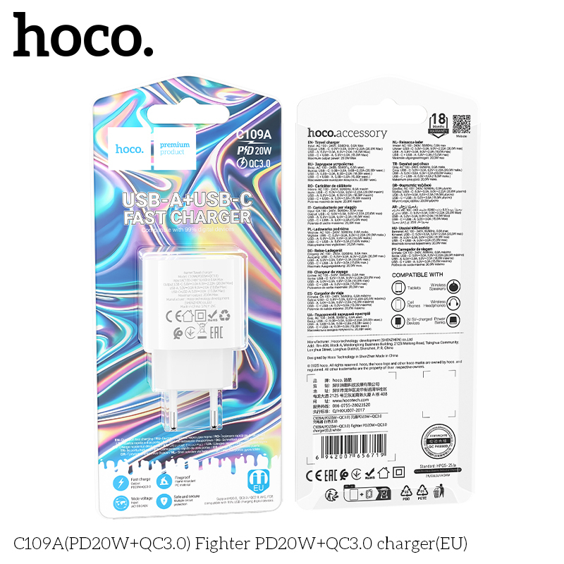 Sạc 2 Cổng – Cốc Sạc Nhanh HOCO C109A PD20W + QC3.0 – Chân Cắm tròn, An Toàn – Ổn Định