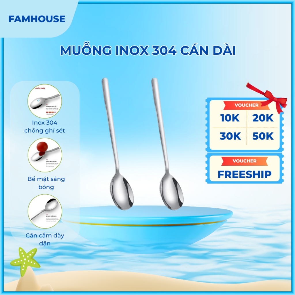 Bộ 10 muỗng inox 304 cao cấp, muỗng inox 304 cán dài chống ghỉ sét ...