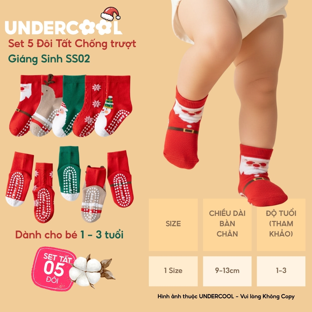 Set 5 Đôi Tất Chống Trượt Giáng Sinh Noel UNDERCOOL Tuổi combo 5 Đôi Vớ Cotton Mềm Mại Cho Bé SS02