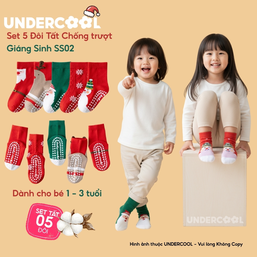 Set 5 Đôi Tất Chống Trượt Giáng Sinh Noel UNDERCOOL Tuổi combo 5 Đôi Vớ Cotton Mềm Mại Cho Bé SS02