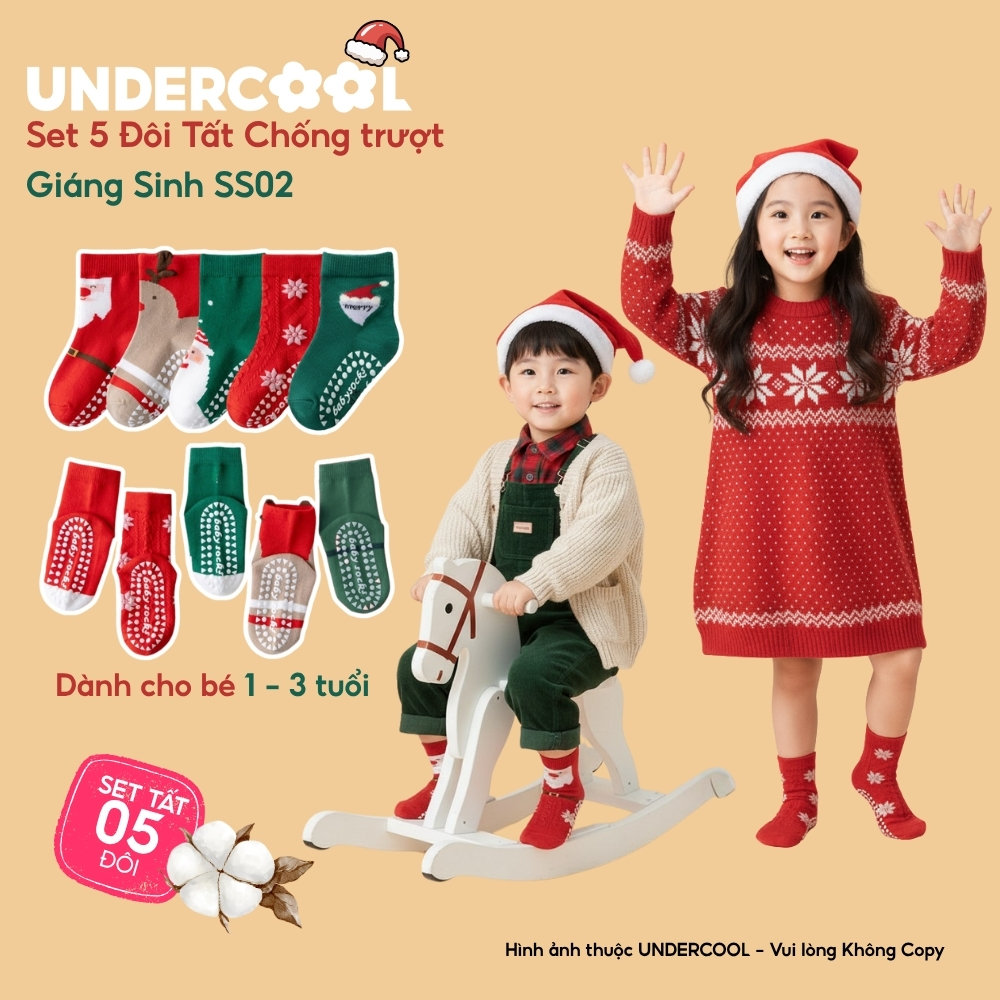 Set 5 Đôi Tất Chống Trượt Giáng Sinh Noel UNDERCOOL Tuổi combo 5 Đôi Vớ Cotton Mềm Mại Cho Bé SS02