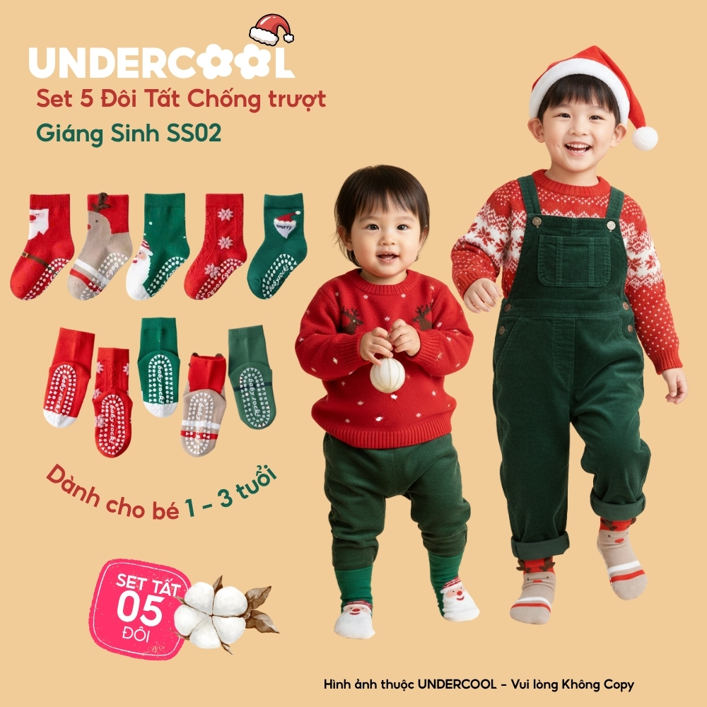 Set 5 Đôi Tất Chống Trượt Giáng Sinh Noel UNDERCOOL Tuổi combo 5 Đôi Vớ Cotton Mềm Mại Cho Bé SS02