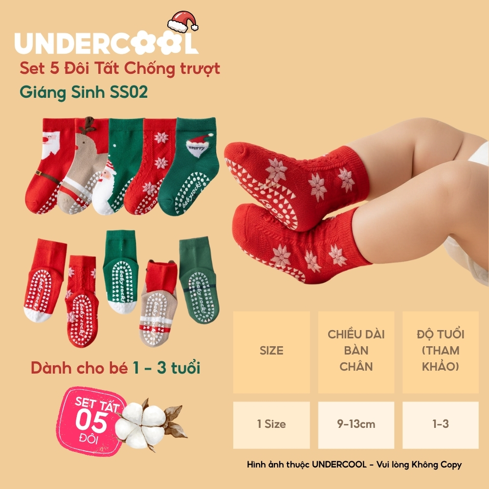 Set 5 Đôi Tất Chống Trượt Giáng Sinh Noel UNDERCOOL Tuổi combo 5 Đôi Vớ Cotton Mềm Mại Cho Bé SS02