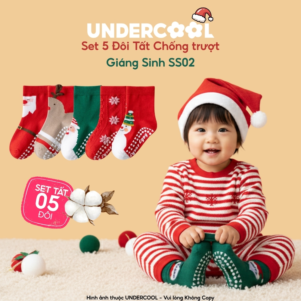 Set 5 Đôi Tất Chống Trượt Giáng Sinh Noel UNDERCOOL Tuổi combo 5 Đôi Vớ Cotton Mềm Mại Cho Bé SS02