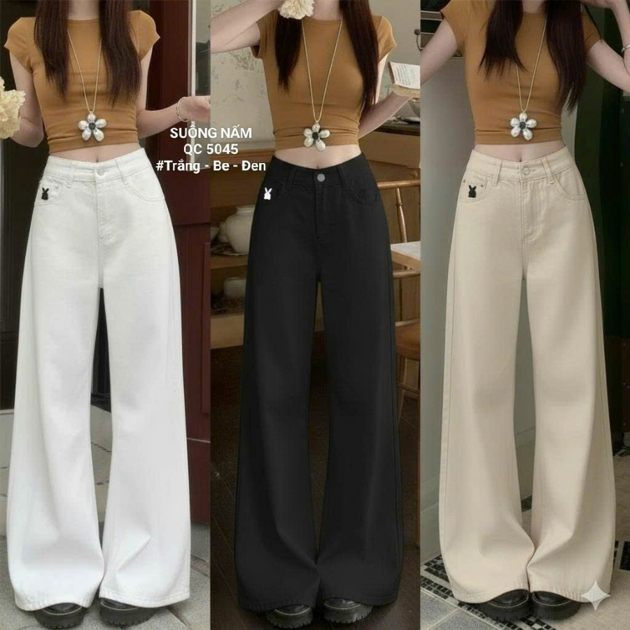 [55-90kg] Quần Jean Nữ Bigsize Cạp Cao Ống Rộng Chất Vải Jean Mềm, Quần Bò Ống Rộng Nữ Suông Nấm Trắng Đen Be QC5045