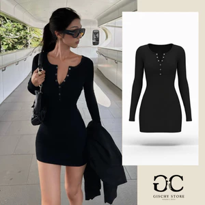 Váy Body Nữ Tay Dài Gischy Thiết Kế Đầm Ôm Khuy Bấm Cổ V Sexy GC70