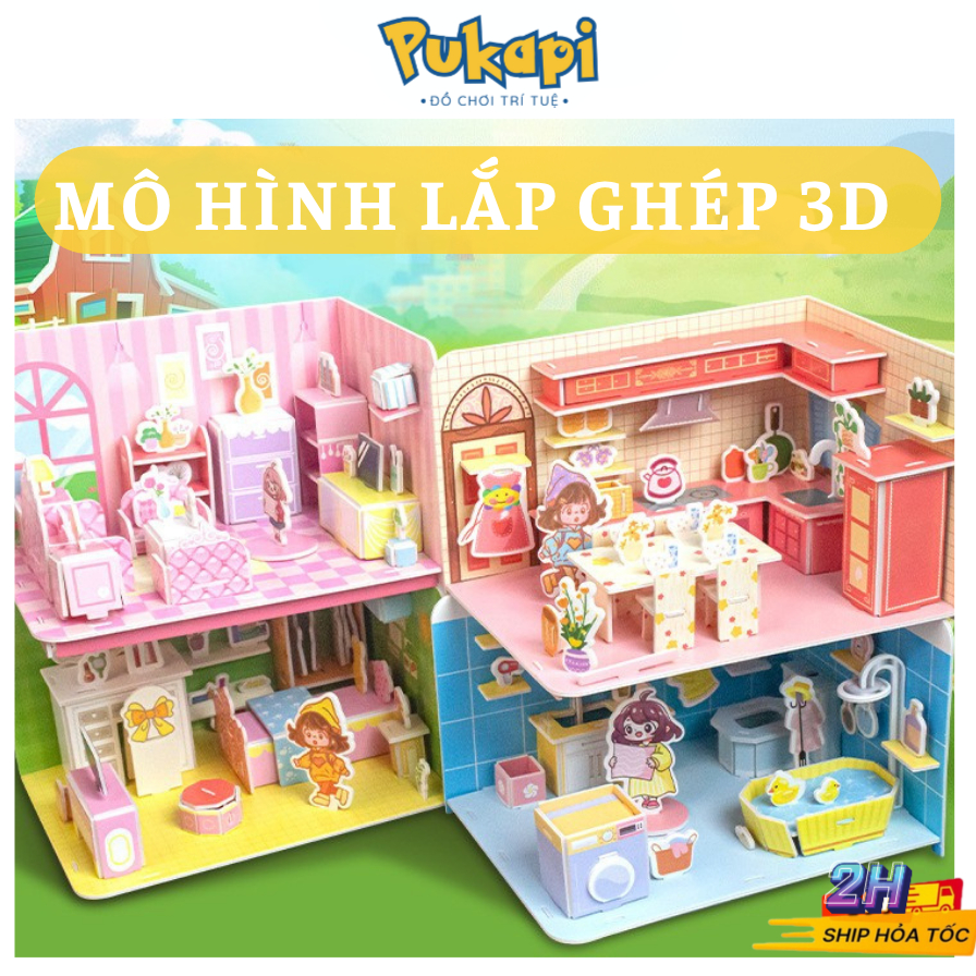 Mô Hình Nhà Gỗ Nhà Búp Bê DIY Thị Trấn Mini Bộ Đồ Chơi Lắp Ráp Ngôi Nhà 3D Bộ Mô Hình Giấy 3D Dễ Lắp Ghép-Đồ Chơi PUKAPI