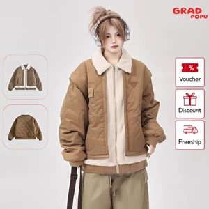 Áo phao nữ GRADPOPU phong cách Mỹ hai lớp cotton họa tiết kim cương len cừu dày ấm áp PAP19