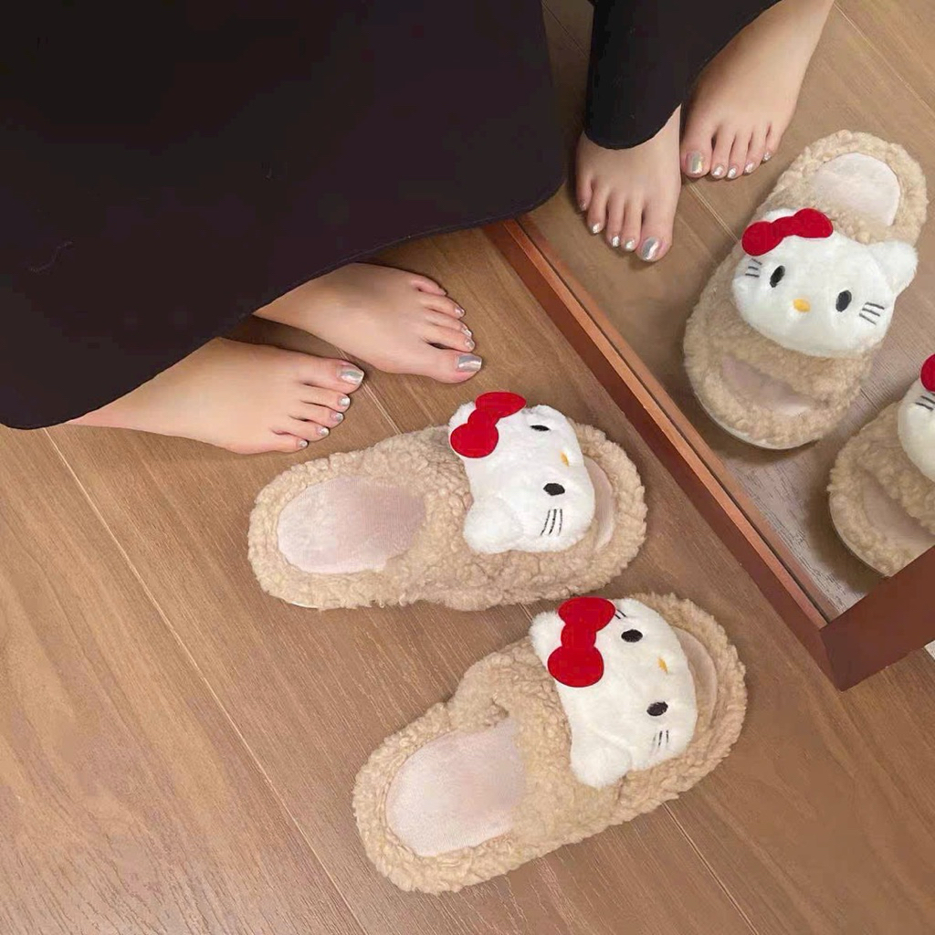 Dép Lông Cừu 2 QUAI NGANG Nữ Gắn Gấu KIT Dễ Thương
