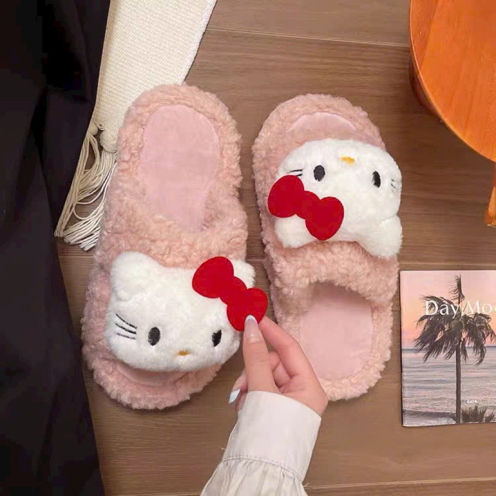 Dép Lông Cừu 2 QUAI NGANG Nữ Gắn Gấu KIT Dễ Thương