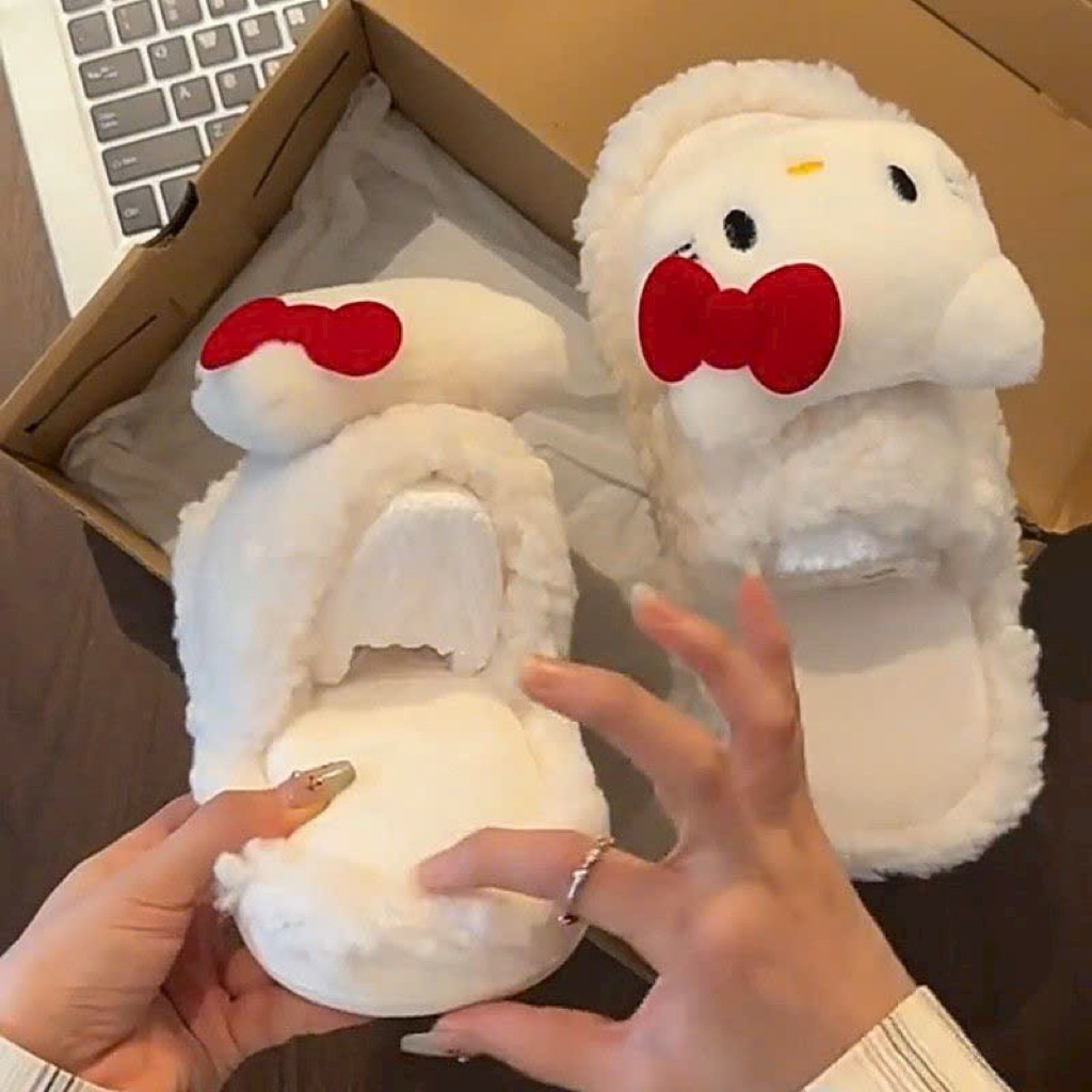 Dép Lông Cừu 2 QUAI NGANG Nữ Gắn Gấu KIT Dễ Thương