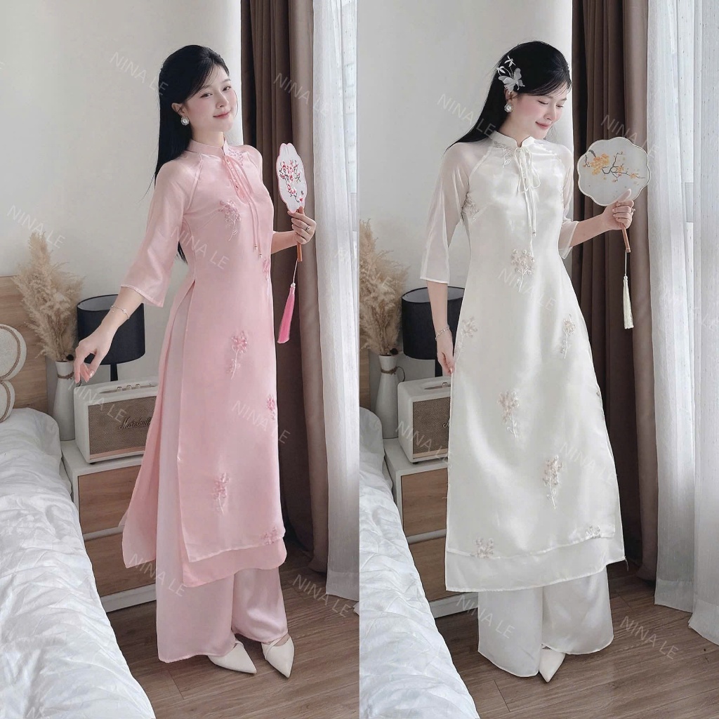 bộ áo dài tơ thêu hoa 4 tà duyên dáng, set áo dài cách tân cổ cao đính ngọc trẻ trung thanh lịch