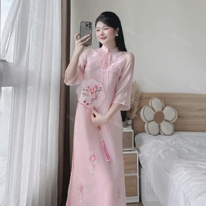 bộ áo dài tơ thêu hoa 4 tà duyên dáng, set áo dài cách tân cổ cao đính ngọc trẻ trung thanh lịch