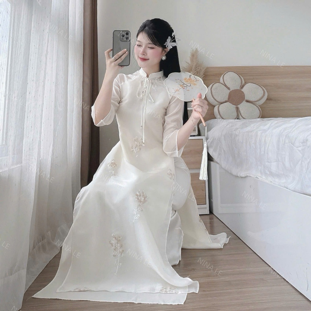 bộ áo dài tơ thêu hoa 4 tà duyên dáng, set áo dài cách tân cổ cao đính ngọc trẻ trung thanh lịch