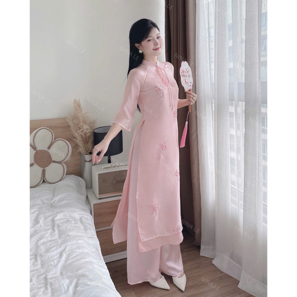 bộ áo dài tơ thêu hoa 4 tà duyên dáng, set áo dài cách tân cổ cao đính ngọc trẻ trung thanh lịch