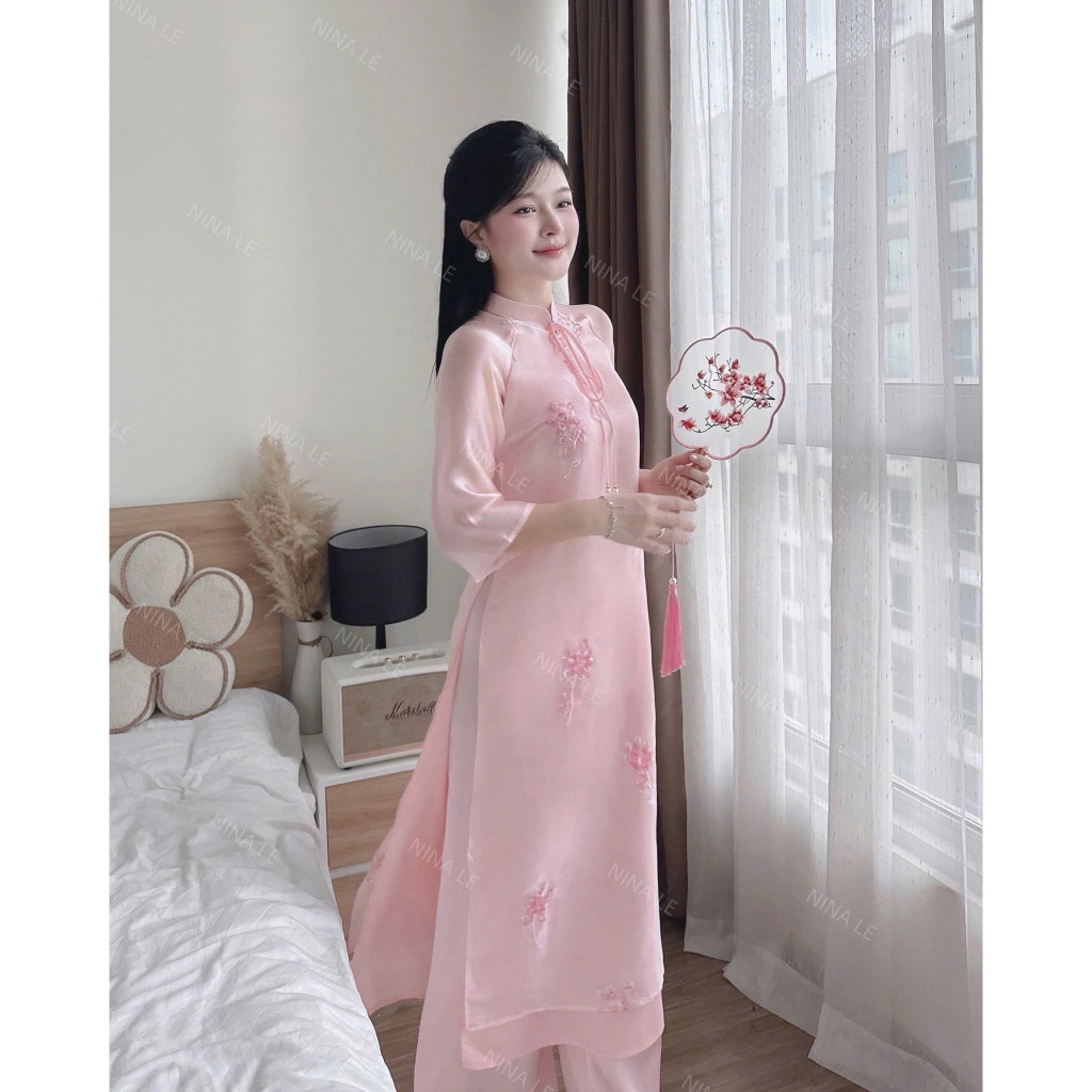 bộ áo dài tơ thêu hoa 4 tà duyên dáng, set áo dài cách tân cổ cao đính ngọc trẻ trung thanh lịch