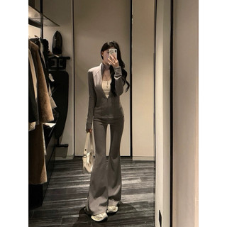 𝐏𝐡𝐢𝐞𝐧 | (Sẵn) W8039 Set Len Ôm Áo Khoác Zip Quần Ôm Loe Màu Trơn