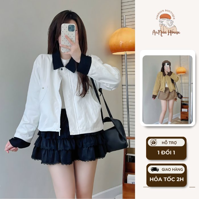 Áo Khoác Kaki 2 Lớp Dáng Vừa Phối Cổ Màu Anna House Áo Khoác Nữ Form Rộng Mặc Đi Học Đi Làm Phong Cách Năng Động