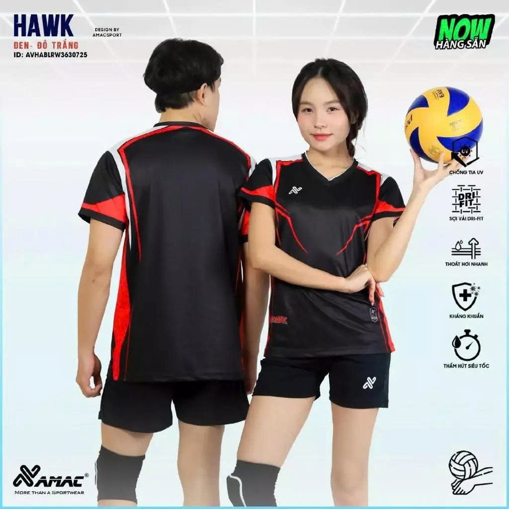 Áo bóng chuyền thi đấu, tập luyện HAWK ĐEN  in tên số theo yêu cầu, bền đẹp, Thấm hút mồ hôi