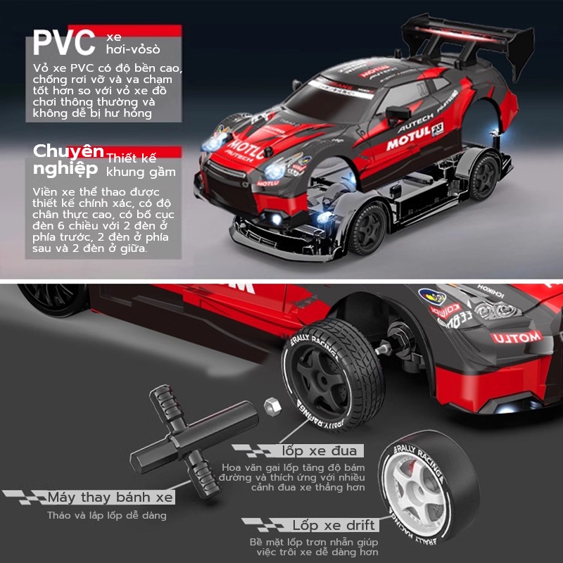 Xe điều khiển từ xa tốc độ cao 1:24, Xe đua GTR 4WD, Xe thể thao đồ chơi trẻ em, 2 cầu,pin sạc